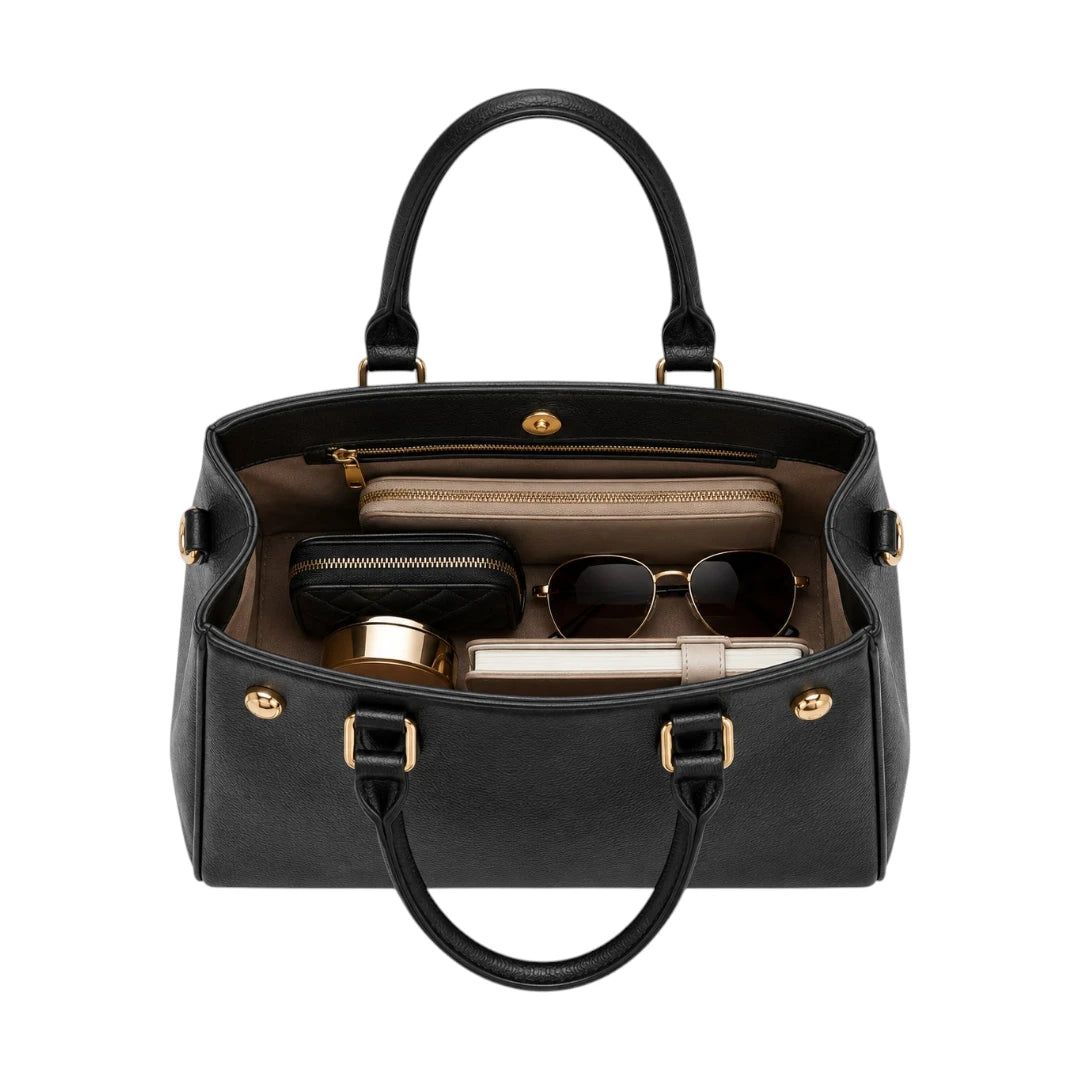 Bagluna Black Structured Satchel Handbag with Gold-Tone Accents