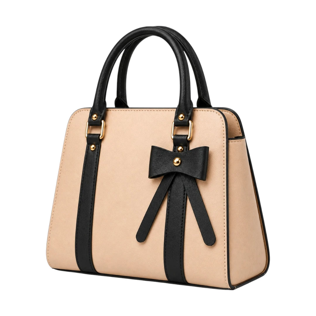 Bagluna Beige Faux Leather Bow Satchel Handbag