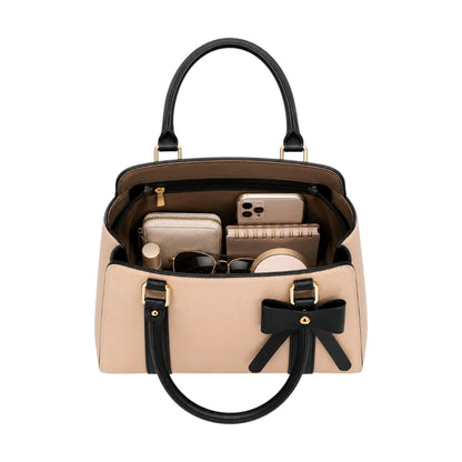 Bagluna Beige Faux Leather Bow Satchel Handbag