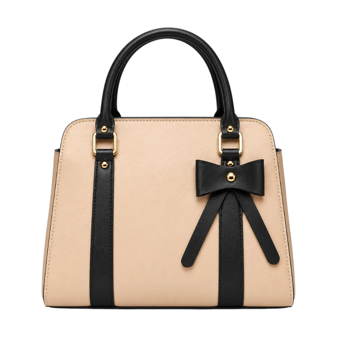 Bagluna Beige Faux Leather Bow Satchel Handbag