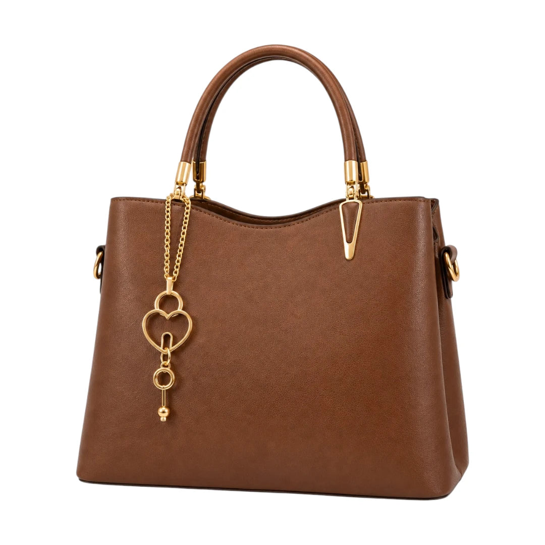 Bagluna Brown Faux Leather Satchel Handbag with Heart Charm