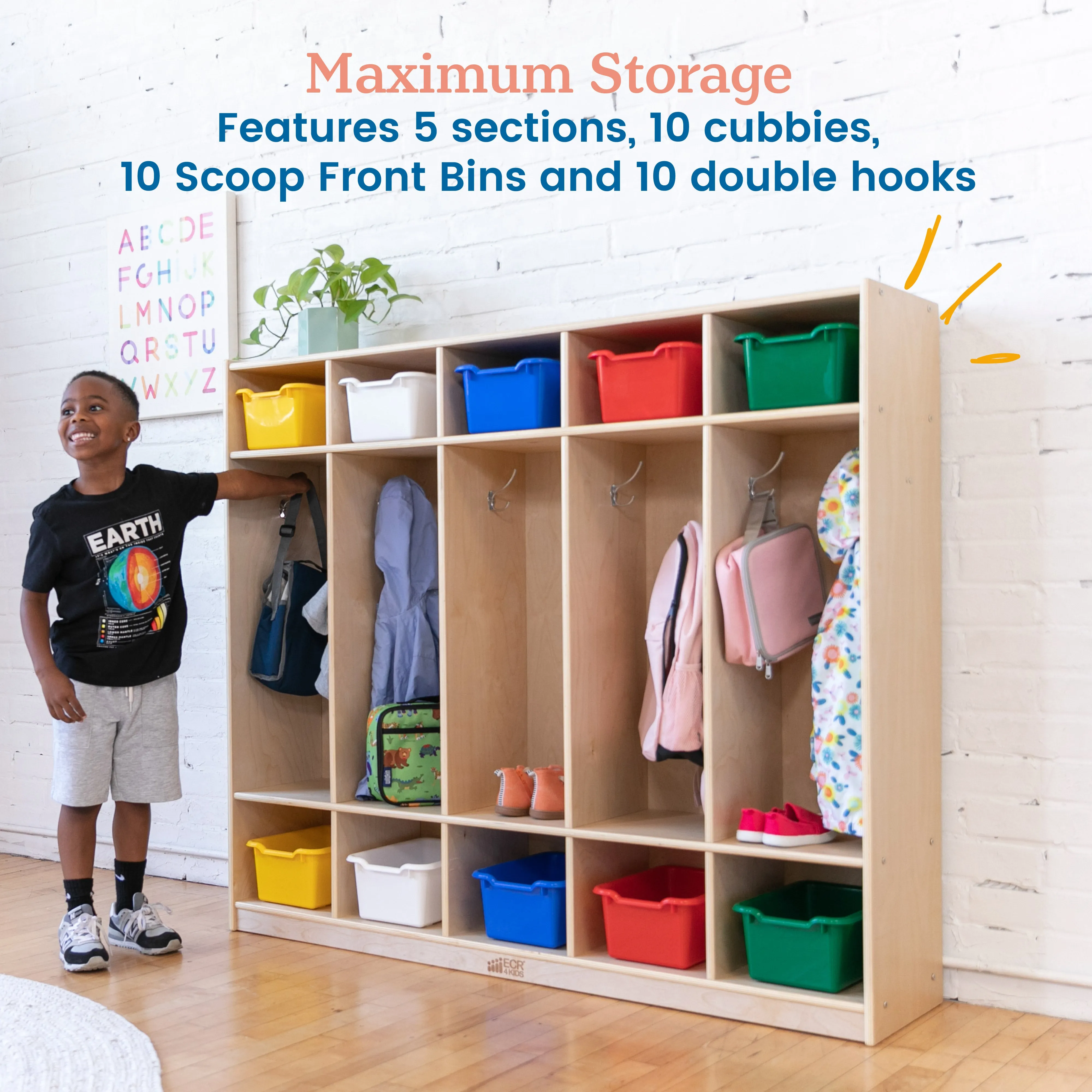 5-Section Coat Locker with 10 Scoop Front Storage Bins, Natural