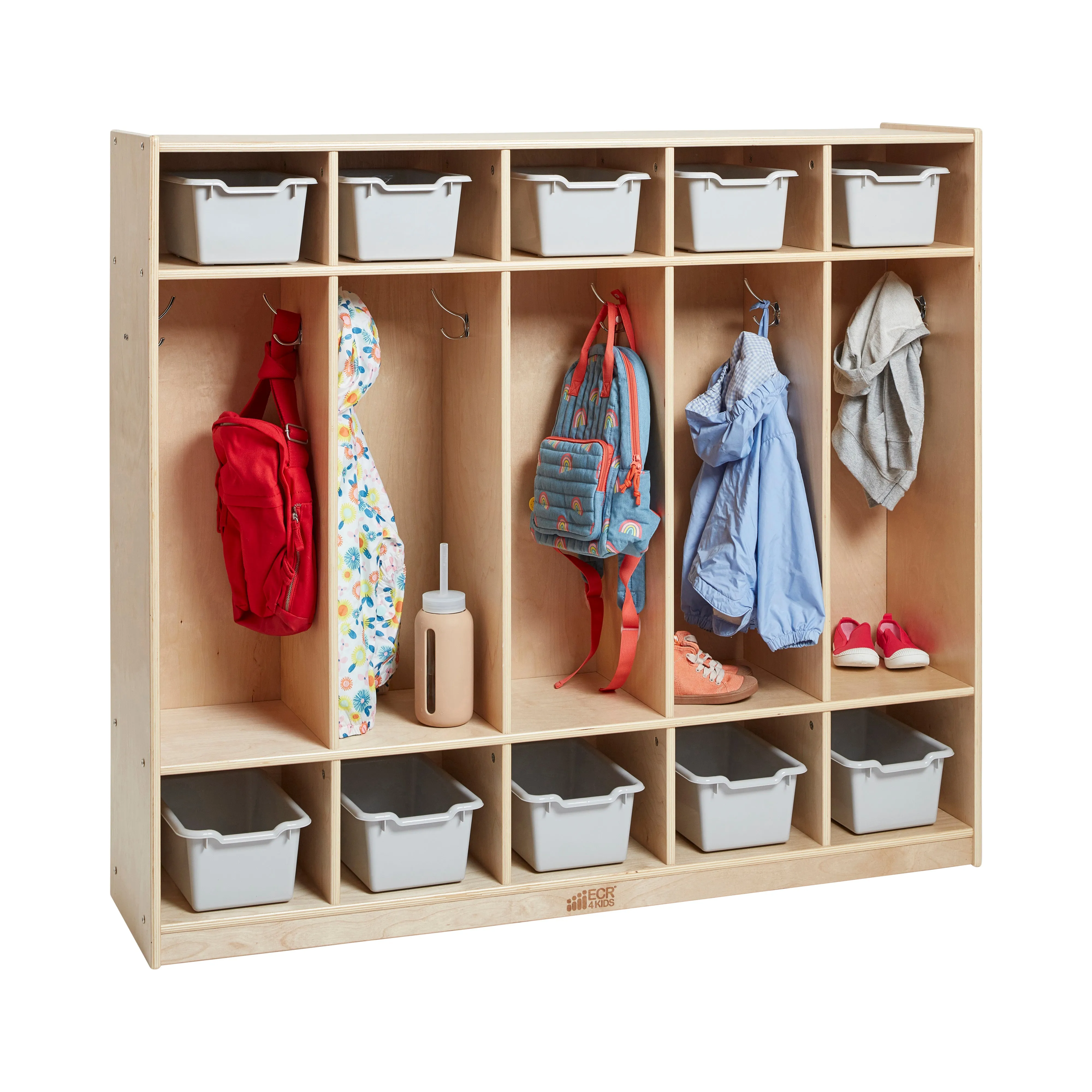 5-Section Coat Locker with 10 Scoop Front Storage Bins, Natural