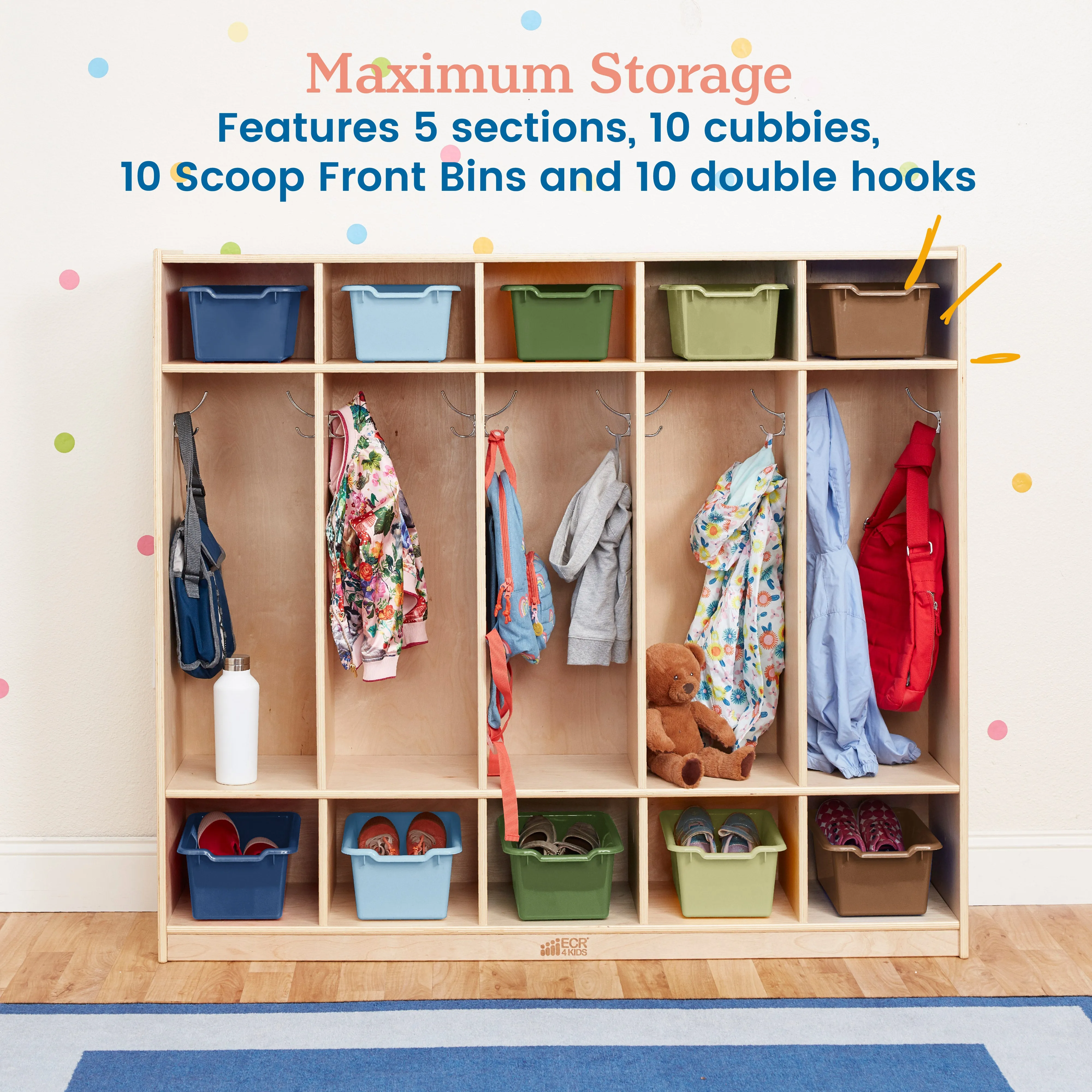 5-Section Coat Locker with 10 Scoop Front Storage Bins, Natural