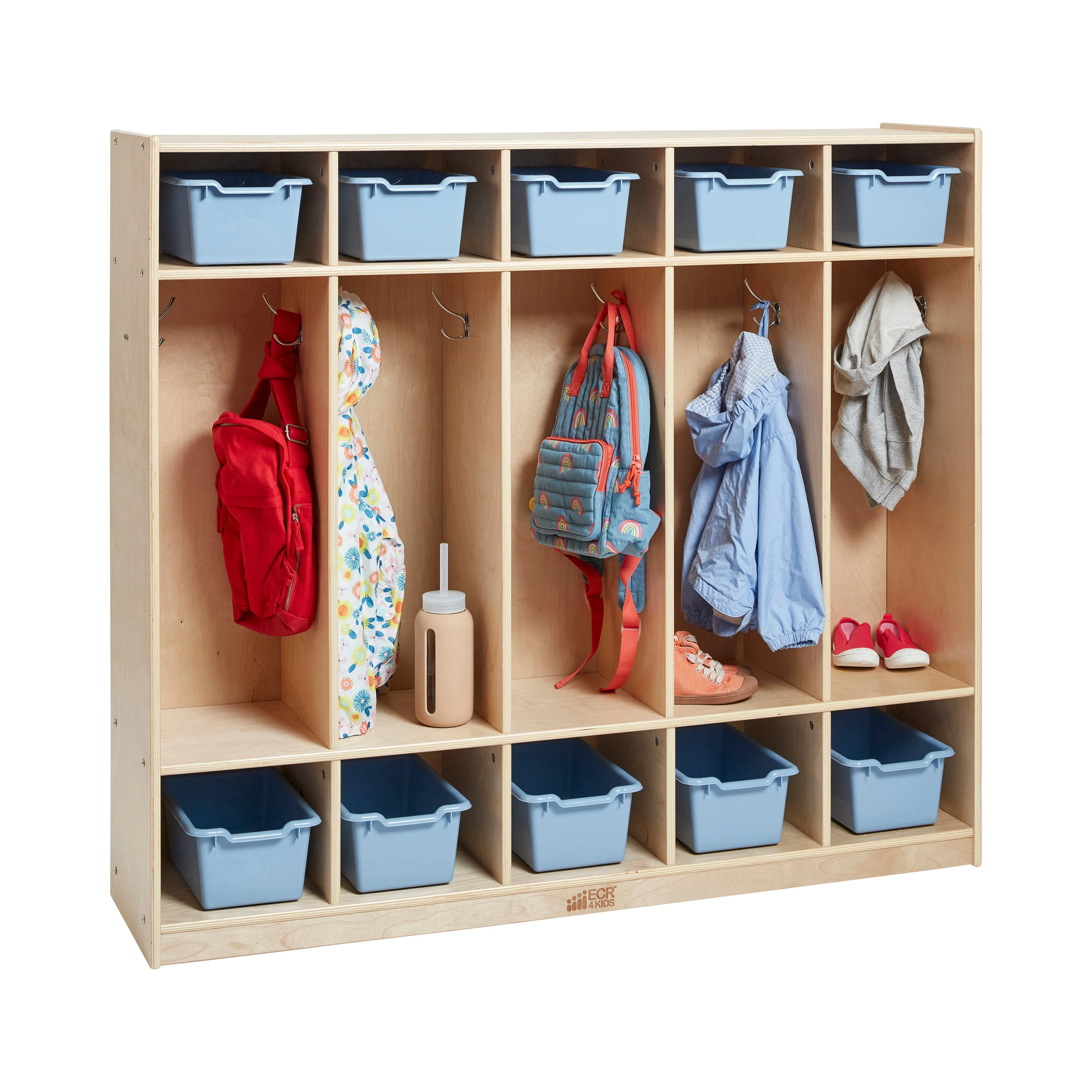 5-Section Coat Locker with 10 Scoop Front Storage Bins, Natural