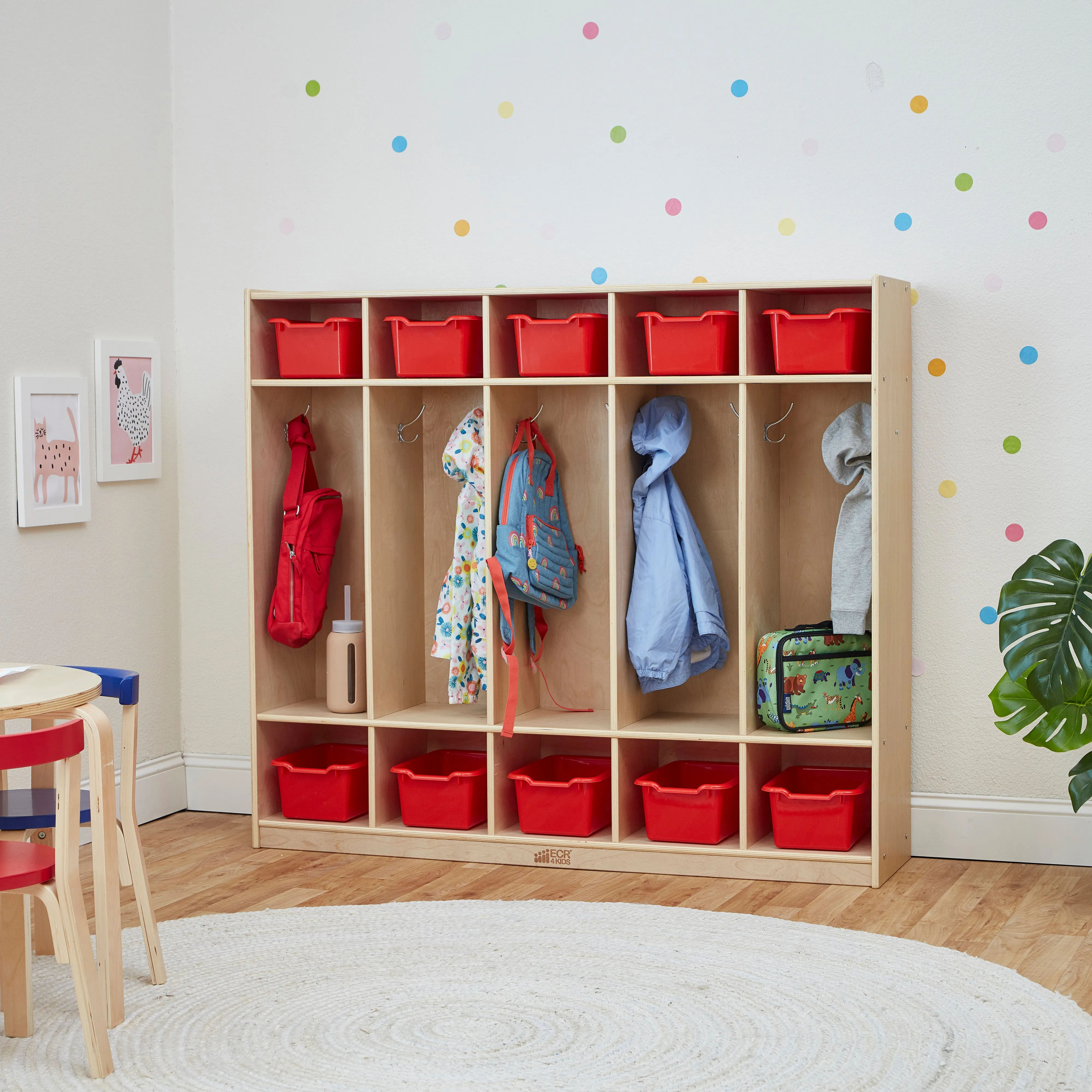 5-Section Coat Locker with 10 Scoop Front Storage Bins, Natural