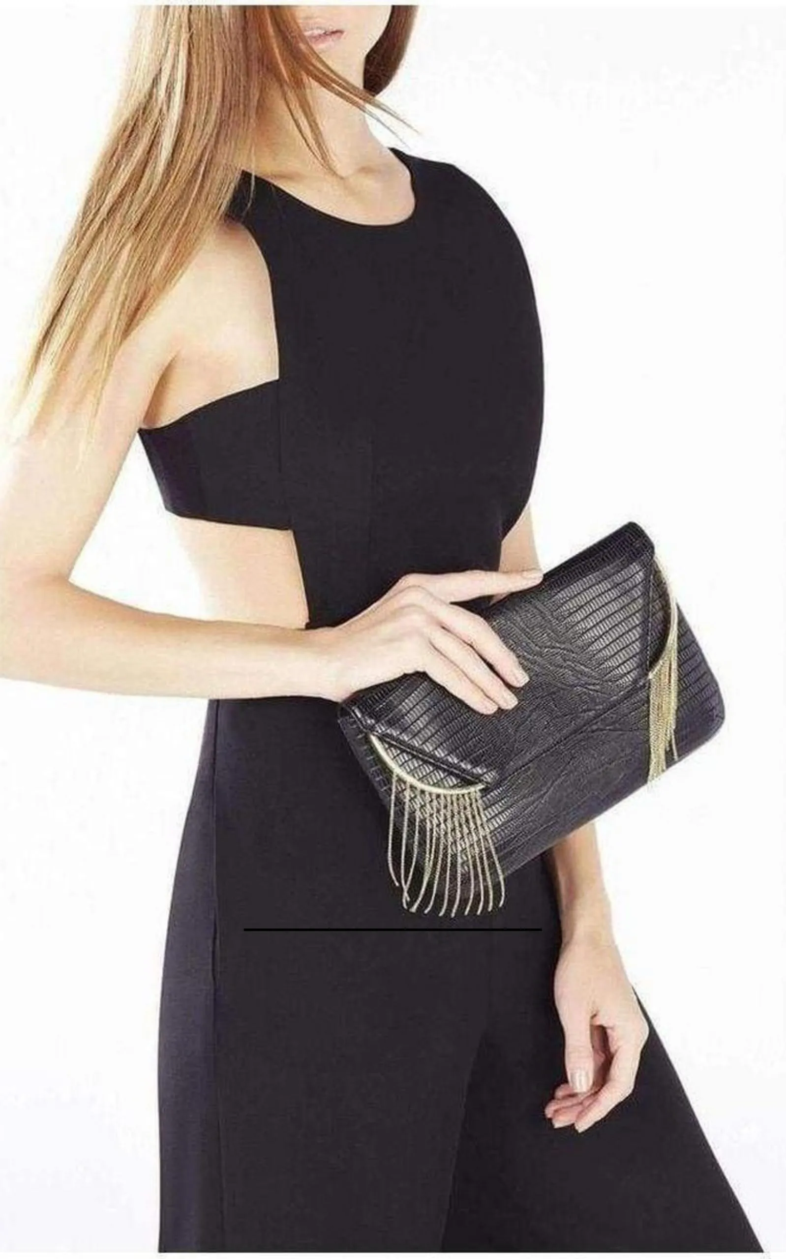 Black Snake Embossed Chain Fringe Clutch