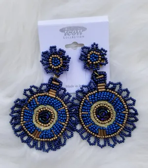 Blue decorative circle beaded statement earrings