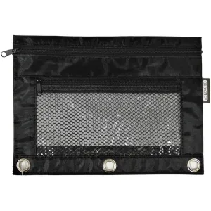 Double Zipper 3-Ring Pencil Po with Mesh Window Black