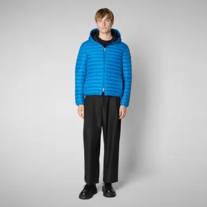 Man's animal free hooded puffer jacket Donald in blue berry