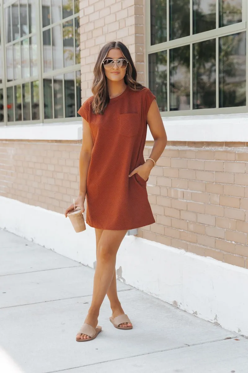 Rust Cap Sleeve Textured Mini Dress