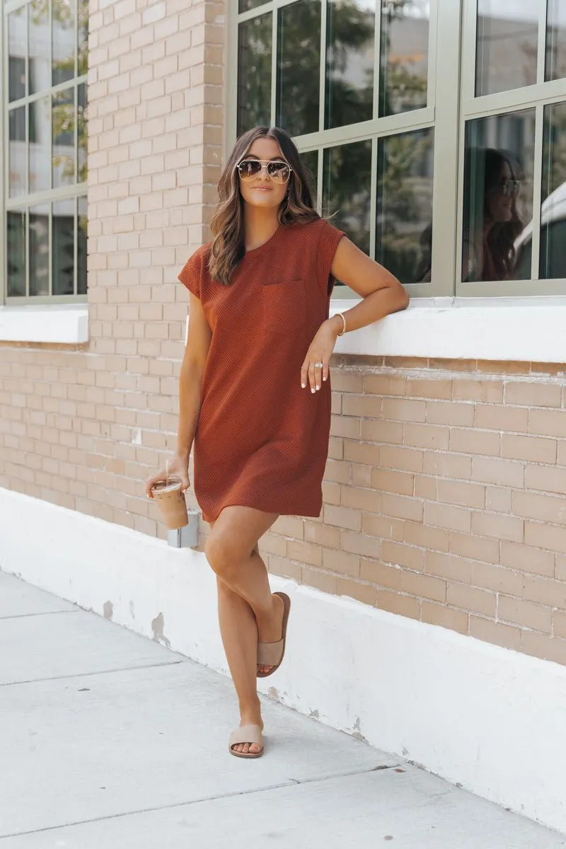 Rust Cap Sleeve Textured Mini Dress