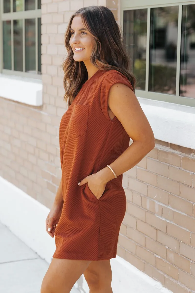 Rust Cap Sleeve Textured Mini Dress