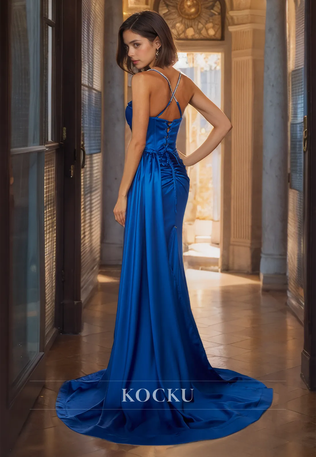 Spaghetti Straps Strapless Sheath Prom Dress Royal Blue Split Pleated Satin Party Dress with Beads