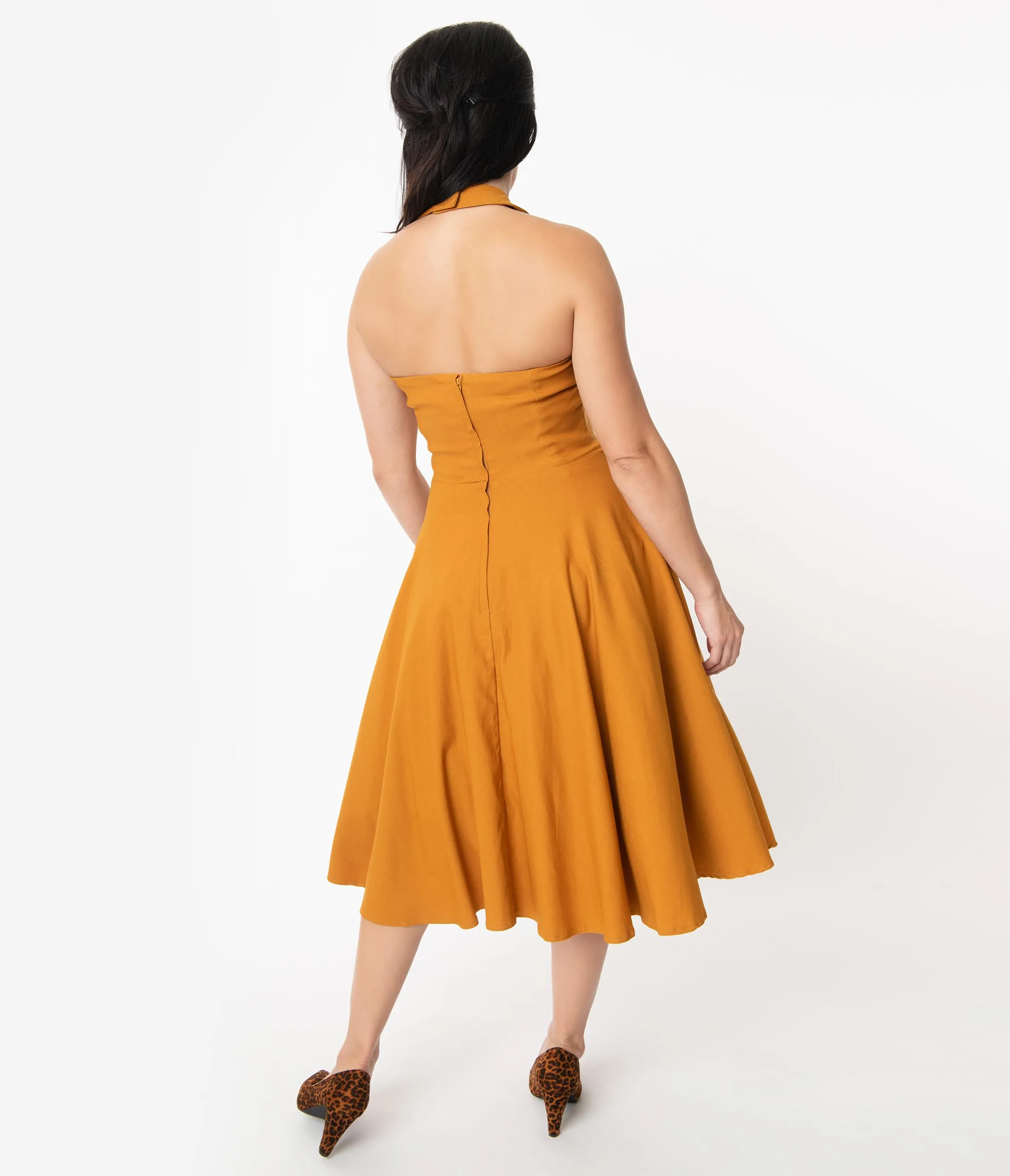 Unique Vintage 1950s Mustard Halter Rita Flare Dress