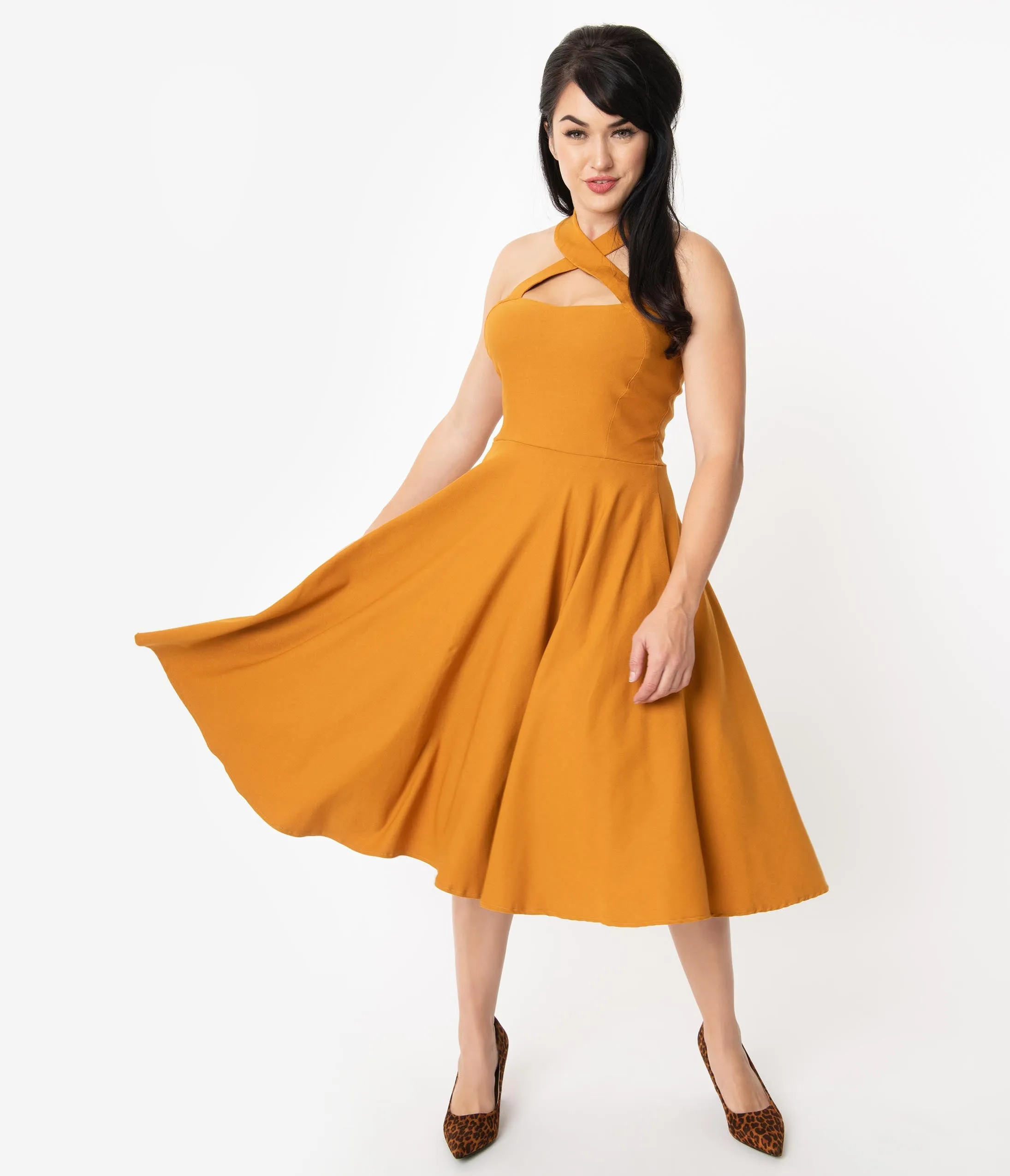 Unique Vintage 1950s Mustard Halter Rita Flare Dress