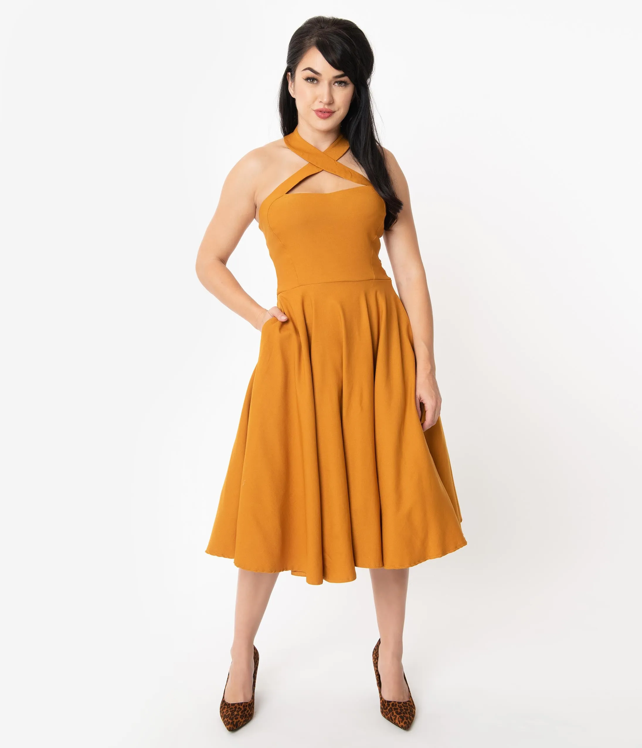 Unique Vintage 1950s Mustard Halter Rita Flare Dress